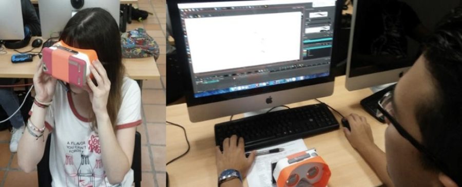 Students using the prototype with Google Cardboard