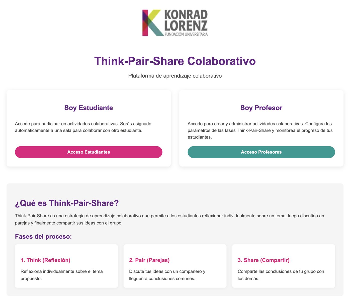 Platform home page with student and teacher access and the three TPS phases