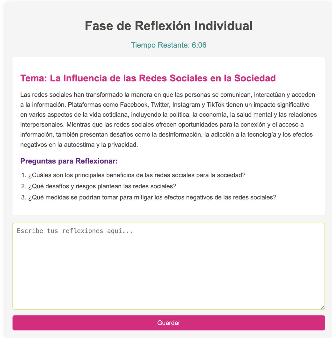 Individual reflection phase with the topic, guiding questions and a countdown timer